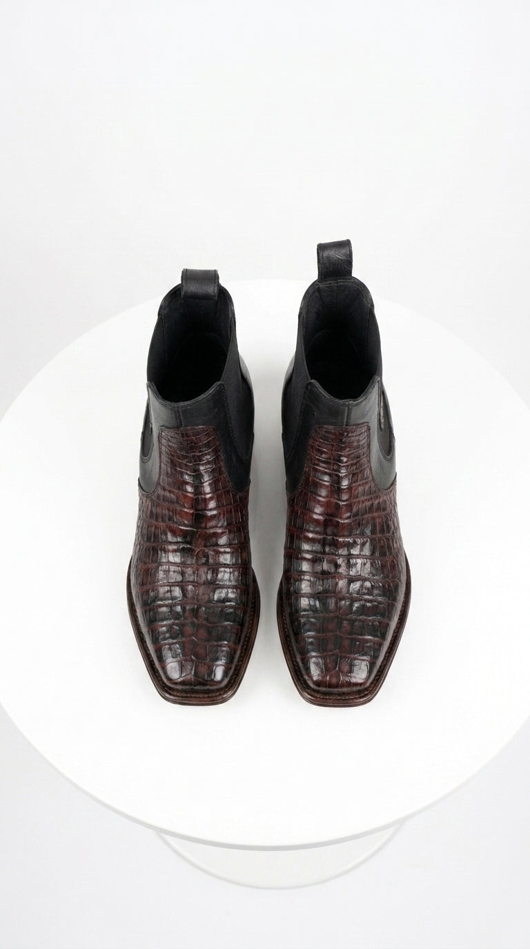 Men’s Black Cherry Short Caiman Boots, Square Toe Exotic Dress Ankle Boots