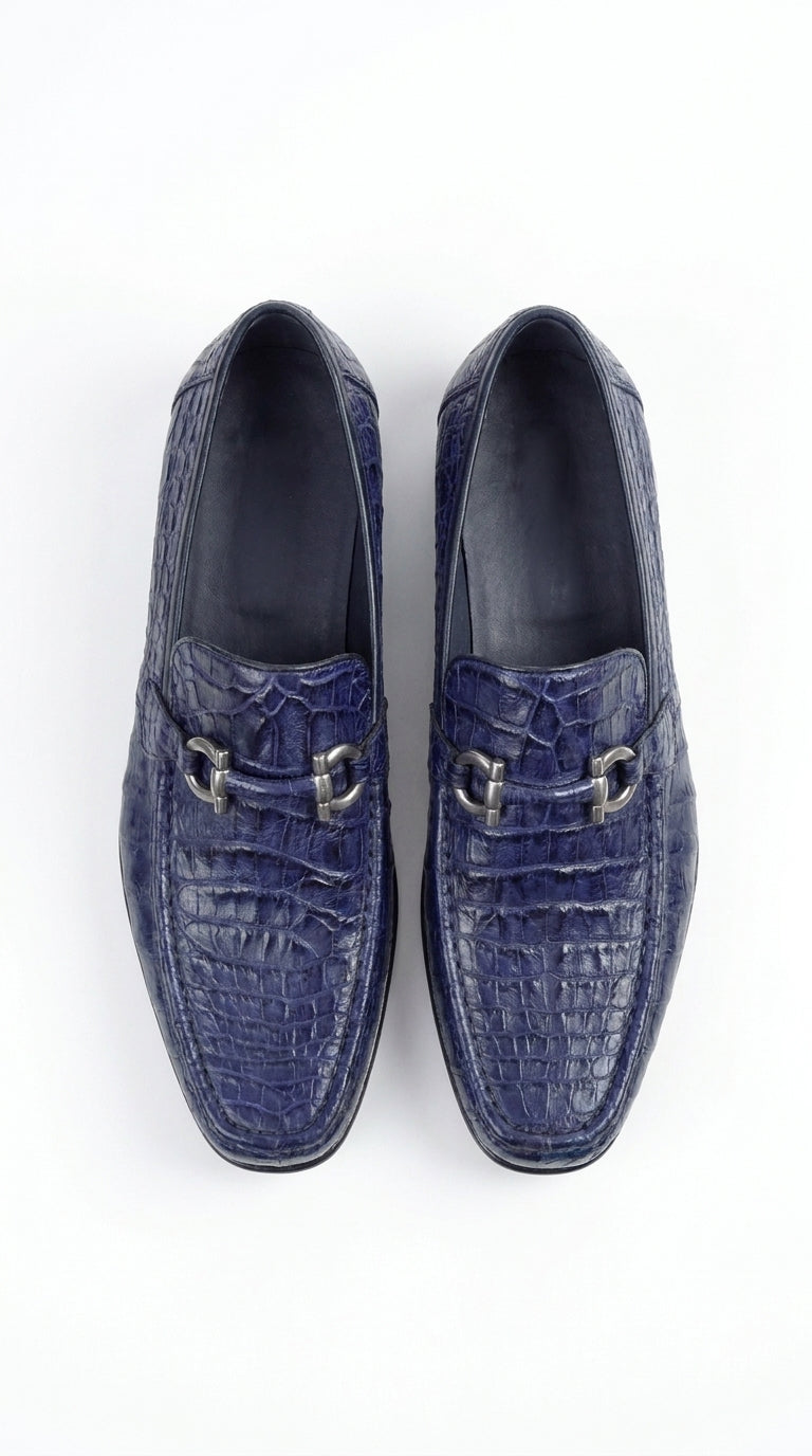 Men’s Navy Genuine Caiman Belly Loafers, Crocodile Texture Exotic Formal Dress Shoes