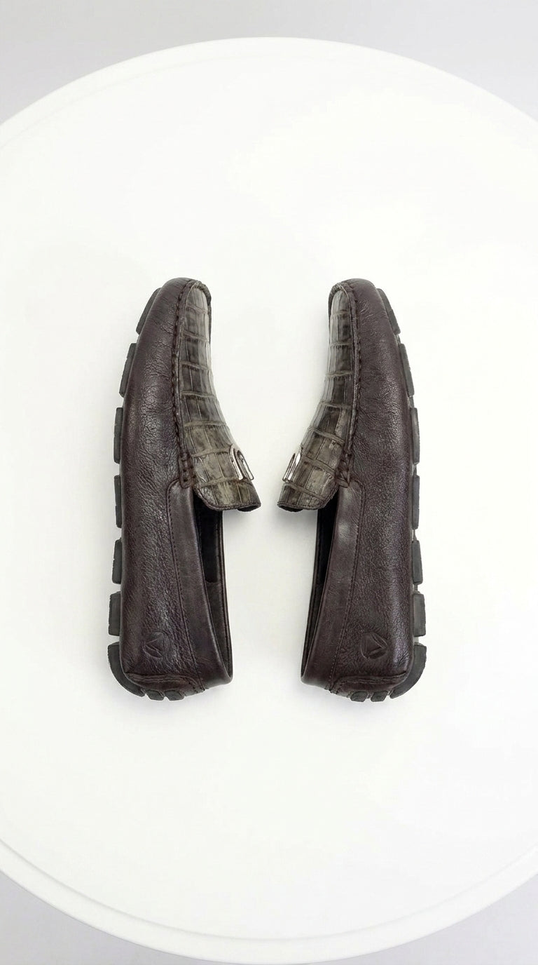 Vestigium Men’s Brown Genuine Caiman Belly Loafers, Handcrafted Alligator Texture Dress Shoes