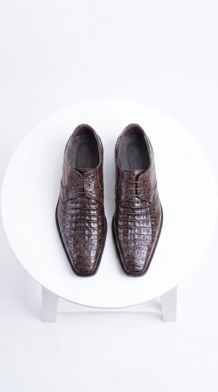 Men’s Brown Crocodile Italian Gator Shoes, Exotic Lace-Up Formal Dress Shoes