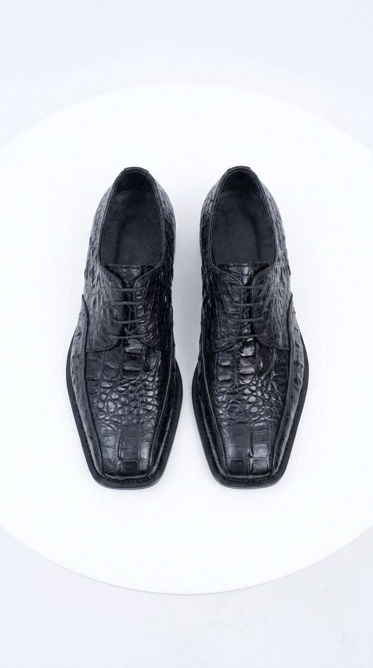 Los Altos Men’s Black Gator Belly Dress Shoes, Exotic Lace-Up Formal Shoes