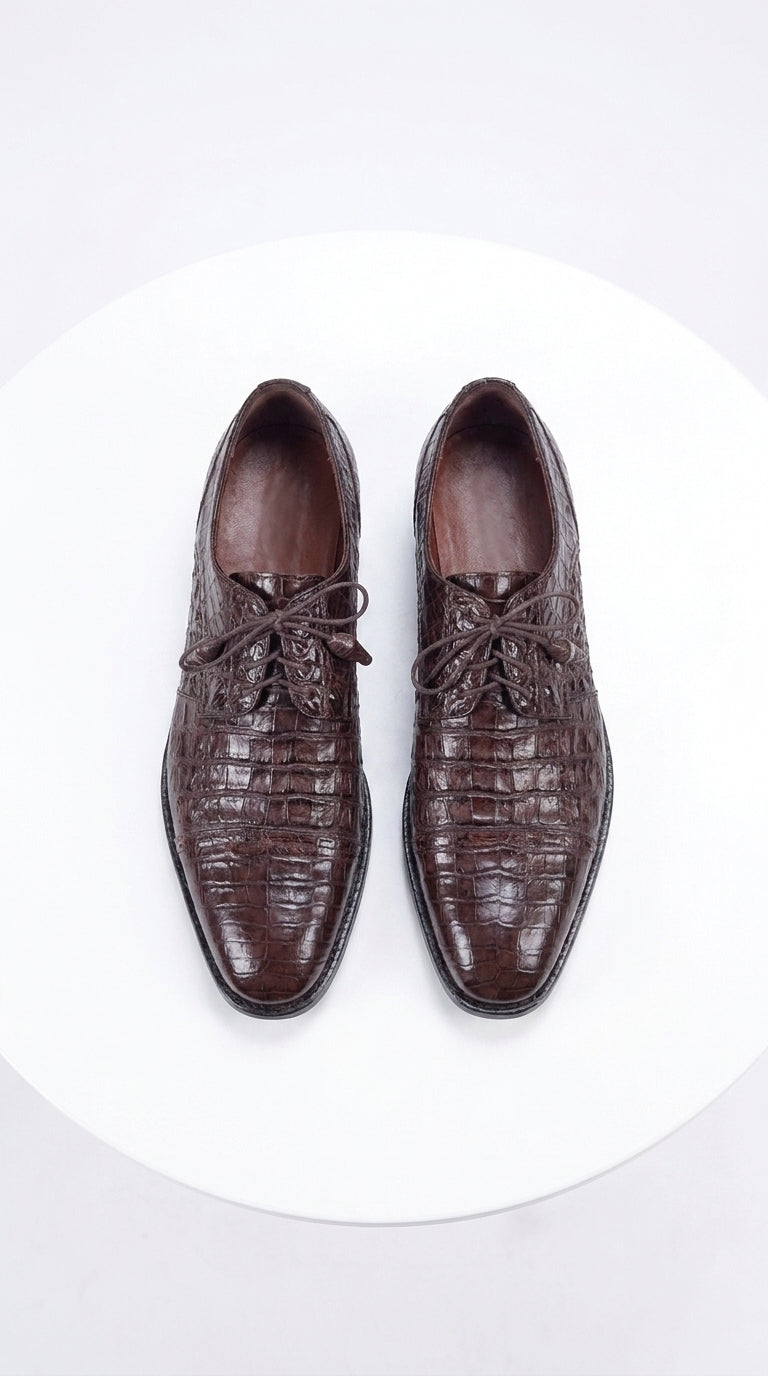 Los Altos Men’s Brown Genuine Caiman Oxford Shoes, Exotic Lace-Up Formal Dress Shoes