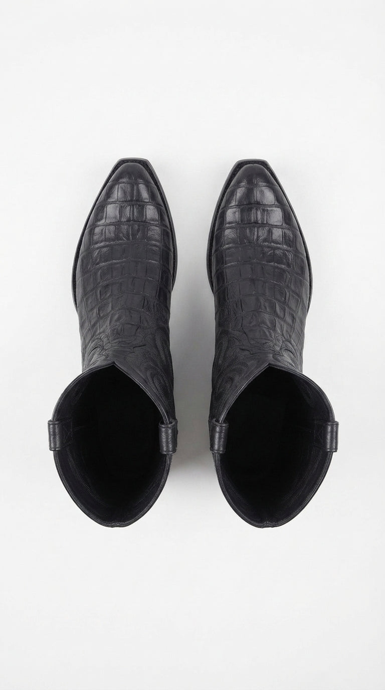Men’s Black Alligator Print Snip Toe Boots, Exotic Western Cowboy Dress Boots
