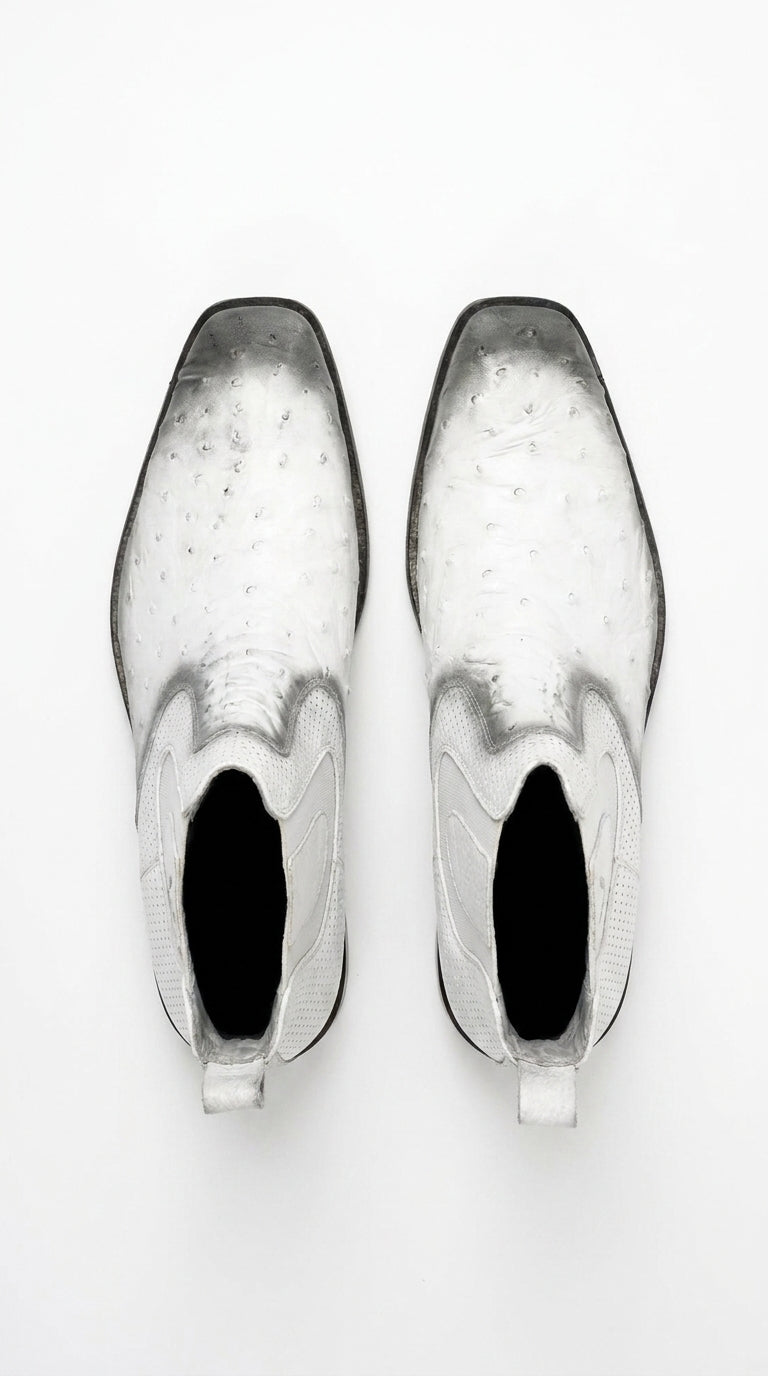 Men’s Faded White Ostrich Chelsea Boots, Exotic Dress Ankle Boots for Formal and Western Style