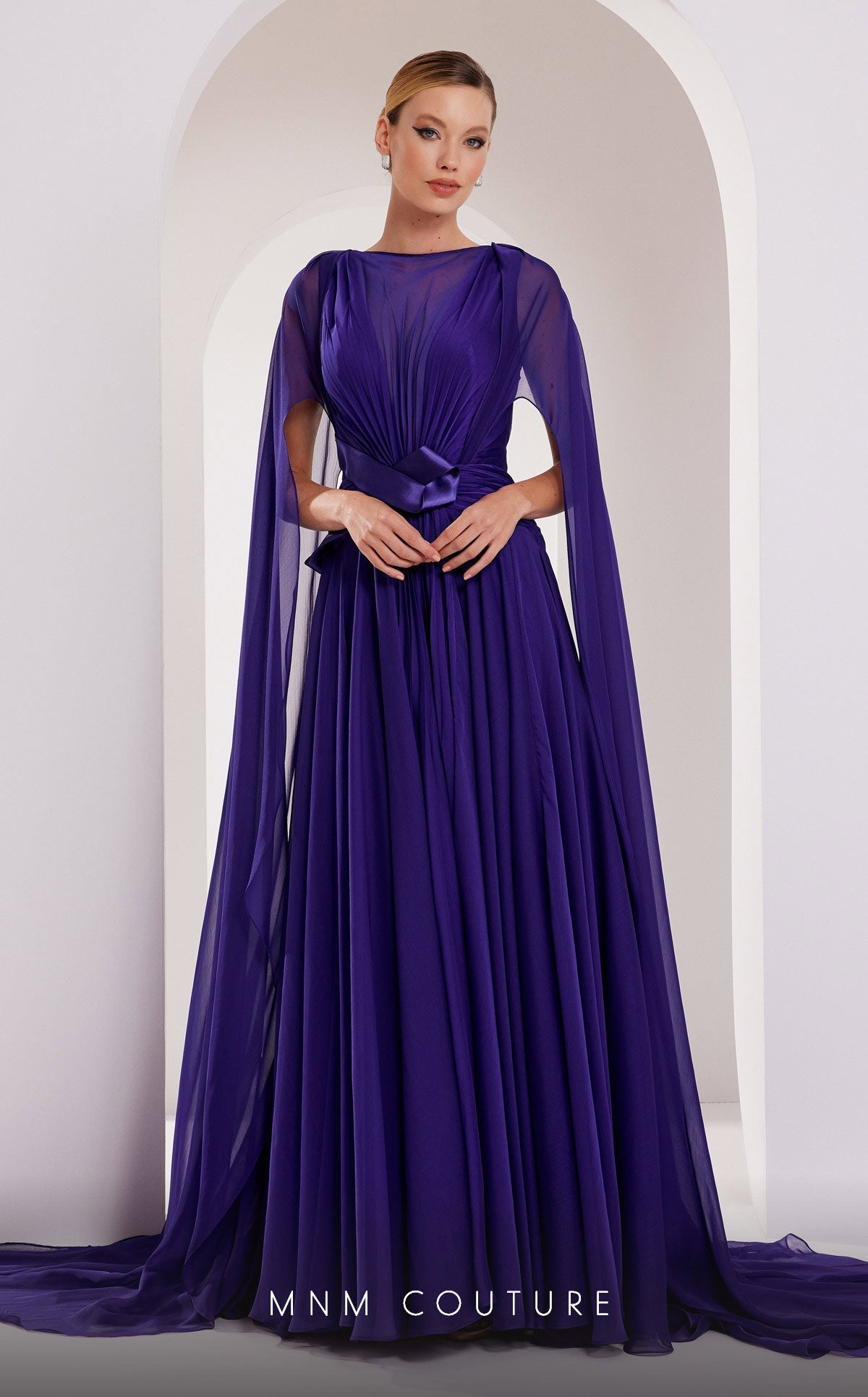 MNM Couture E0061 Coral Pleated Evening Gown with Cape Sleeves