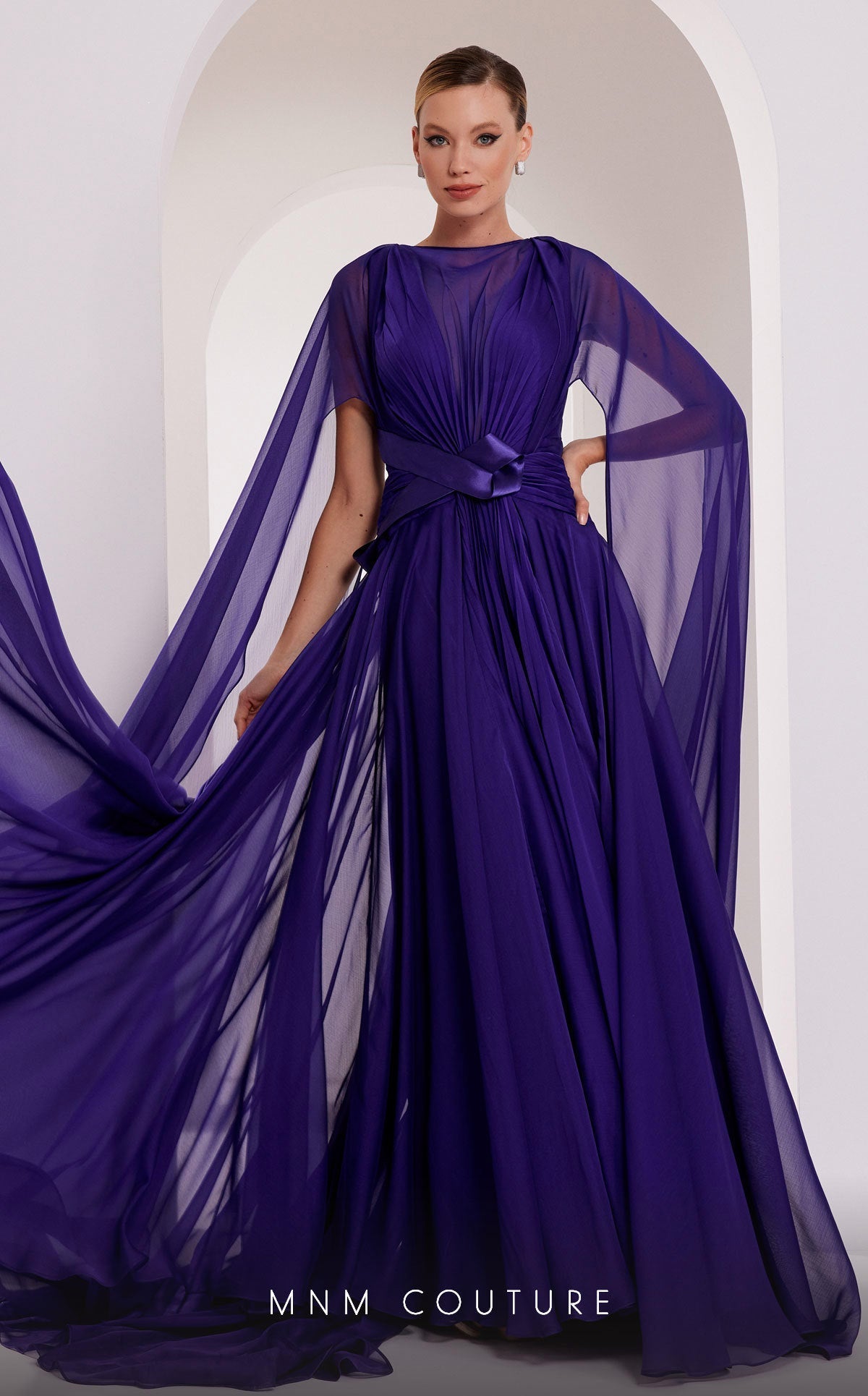 MNM Couture E0061 Coral Pleated Evening Gown with Cape Sleeves
