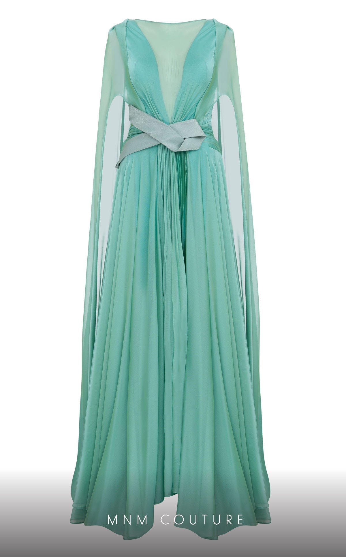 MNM Couture E0061 Coral Pleated Evening Gown with Cape Sleeves