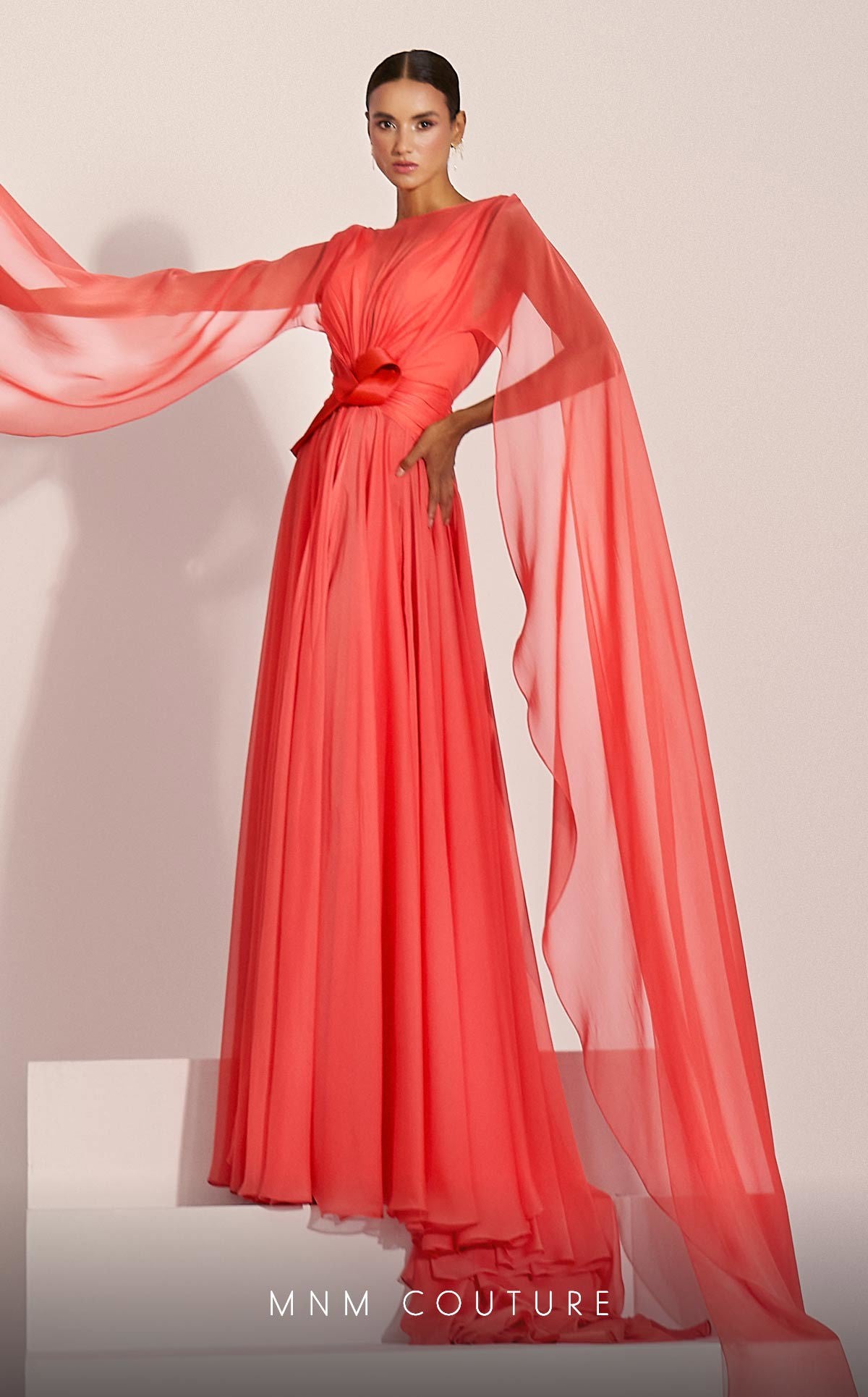 MNM Couture E0061 Coral Pleated Evening Gown with Cape Sleeves