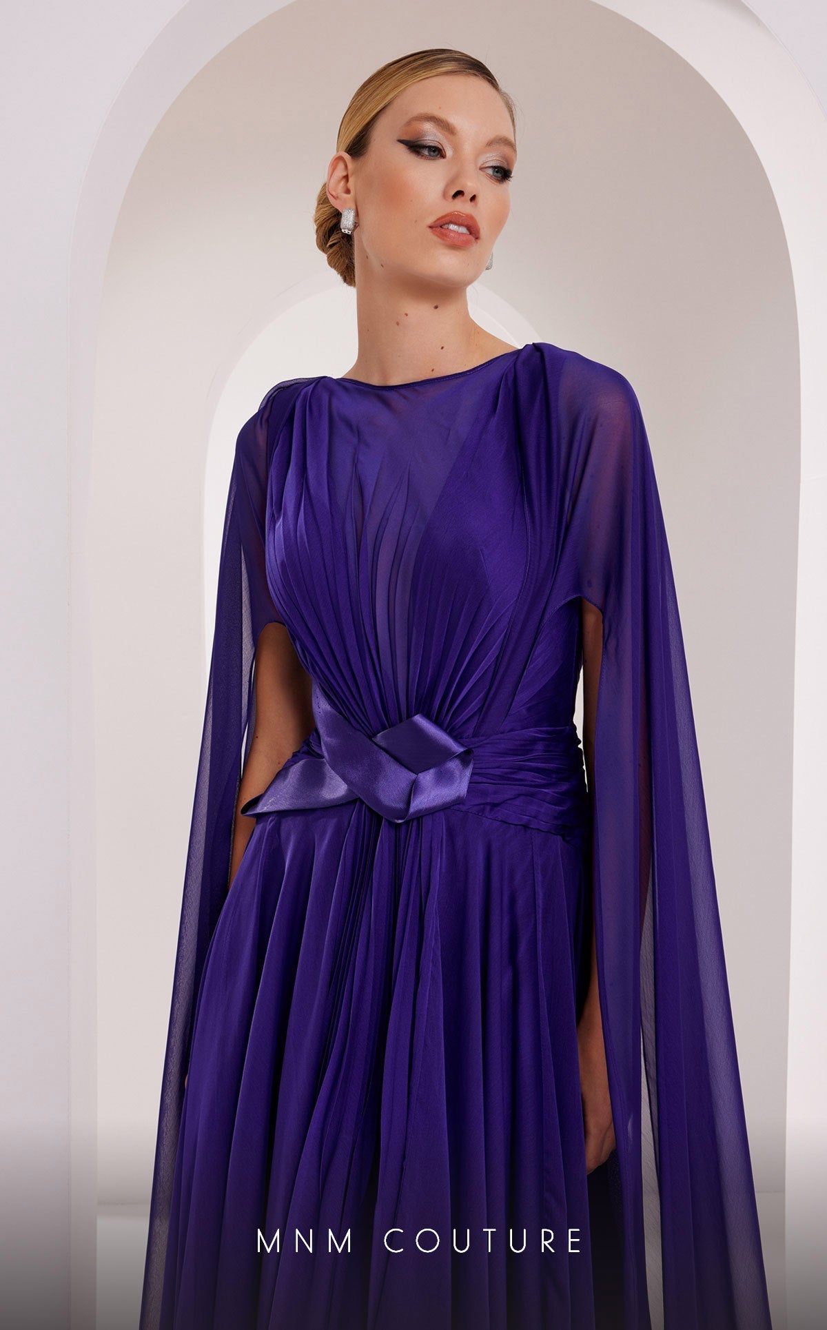 MNM Couture E0061 Coral Pleated Evening Gown with Cape Sleeves