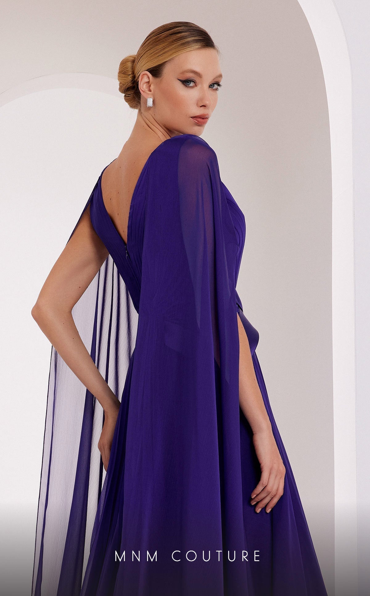 MNM Couture E0061 Coral Pleated Evening Gown with Cape Sleeves