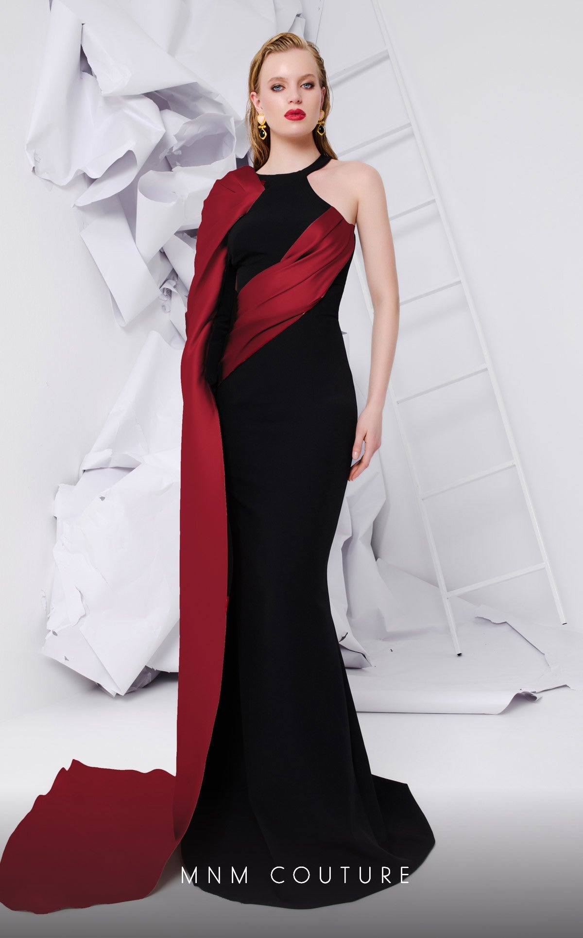 MNM Couture E0072 Black & Blush Draped Satin Gown