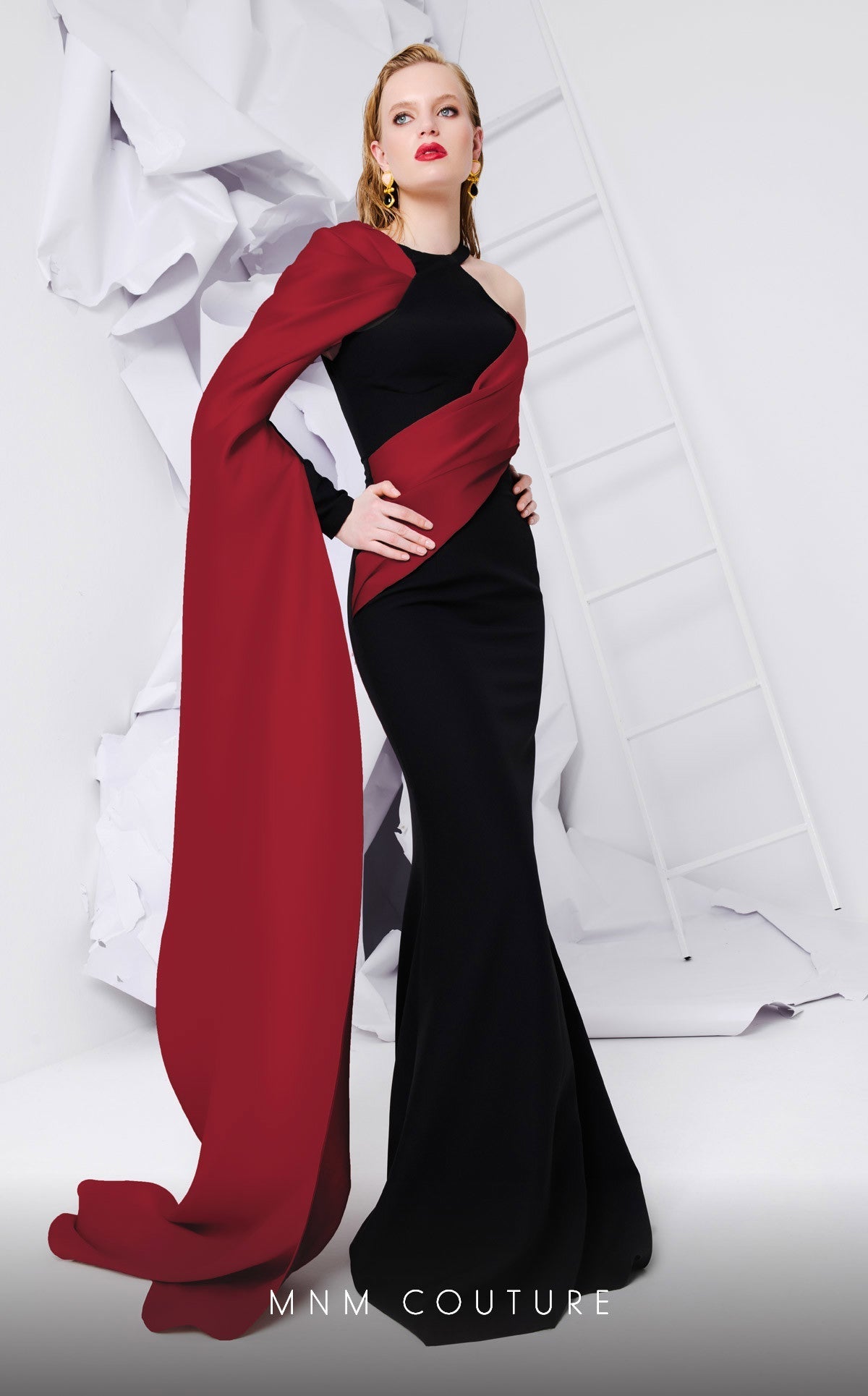 MNM Couture E0072 Black & Blush Draped Satin Gown