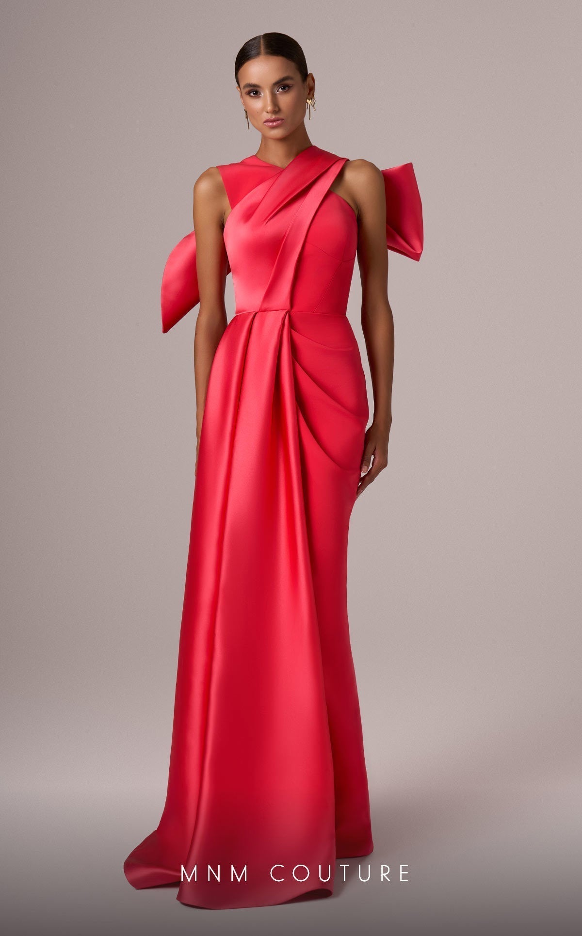 Coral A-Line Gown with Criss-Cross Back Bow by MNM Couture