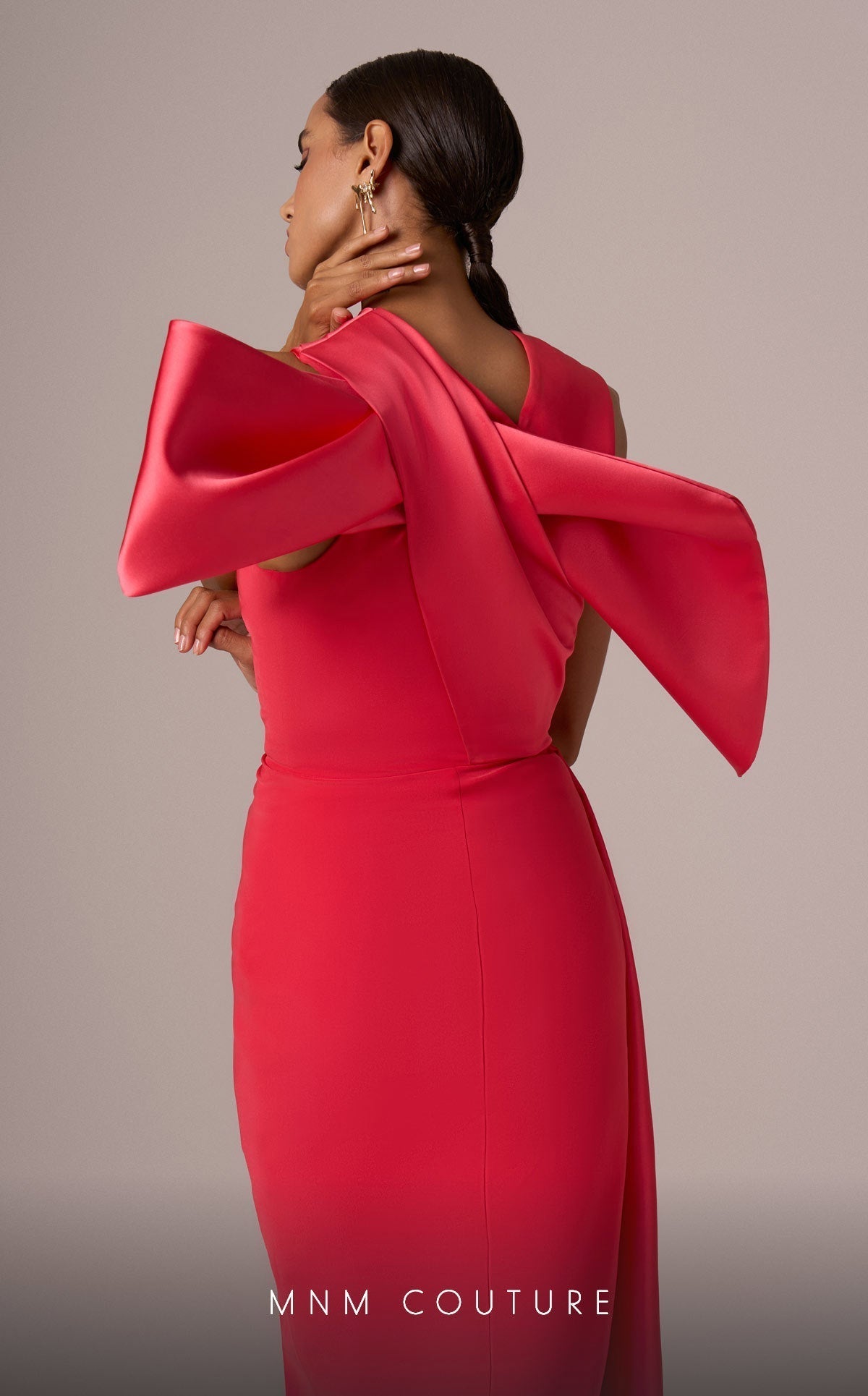 Coral A-Line Gown with Criss-Cross Back Bow by MNM Couture