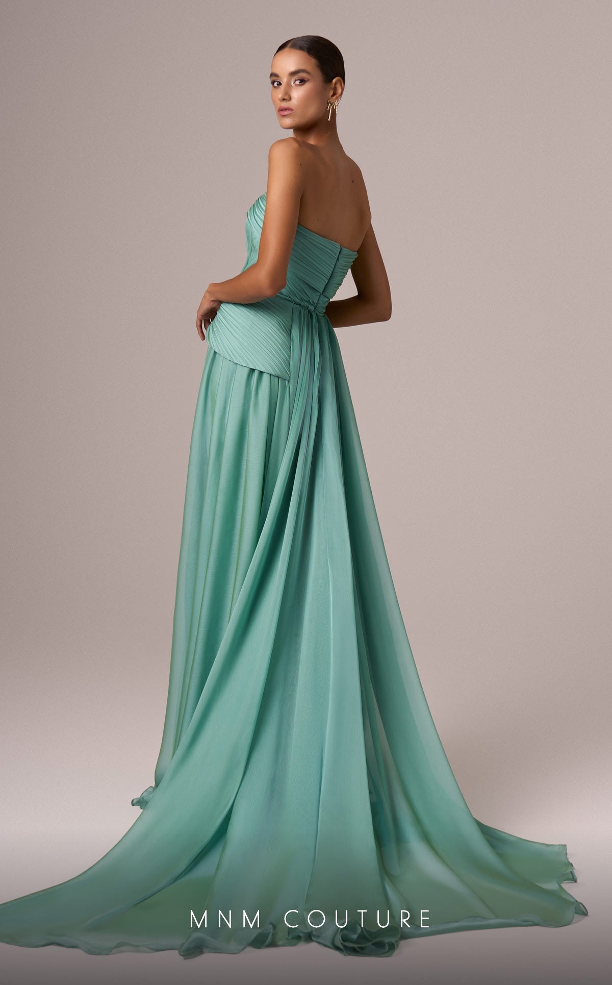 MNM Couture E0082 Beige Off-Shoulder Gown, Open Back