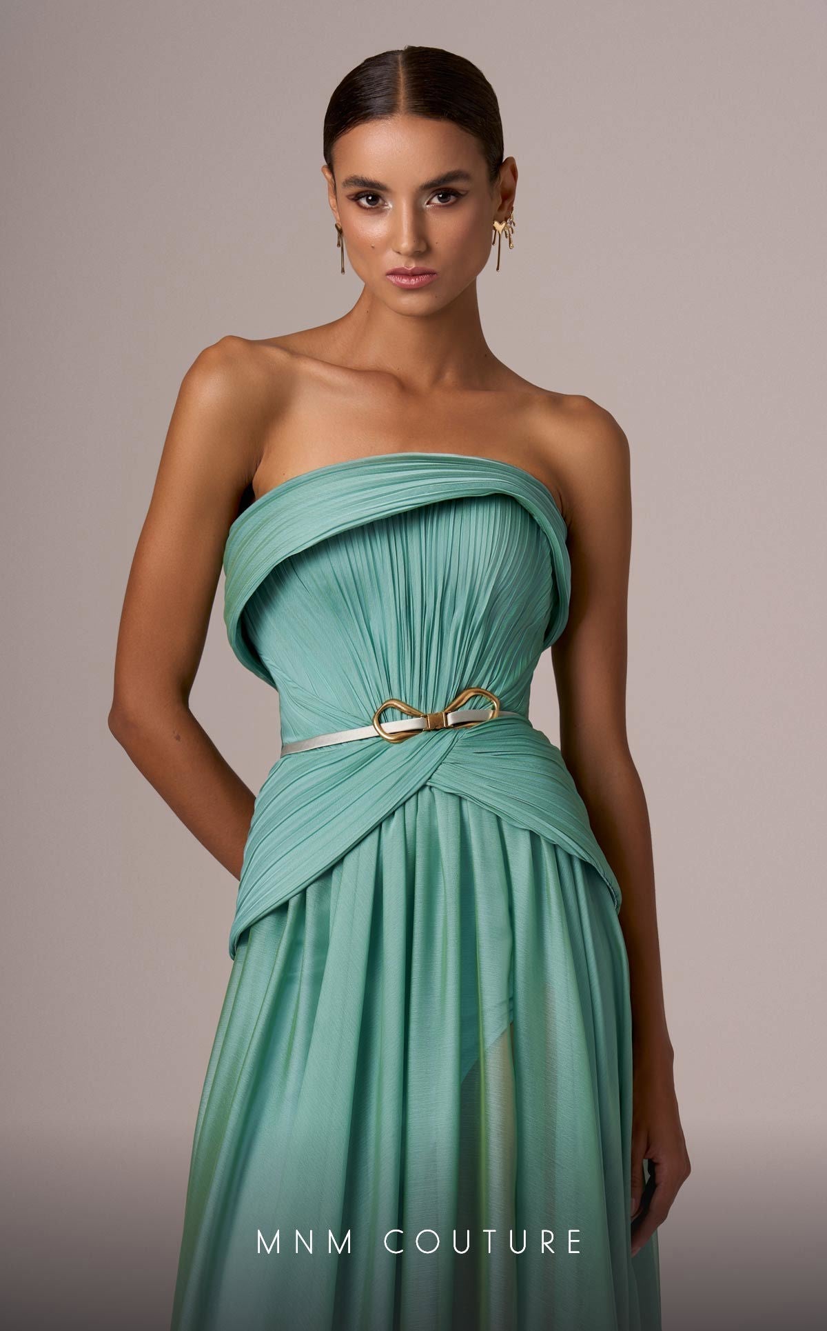 MNM Couture E0082 Beige Off-Shoulder Gown, Open Back