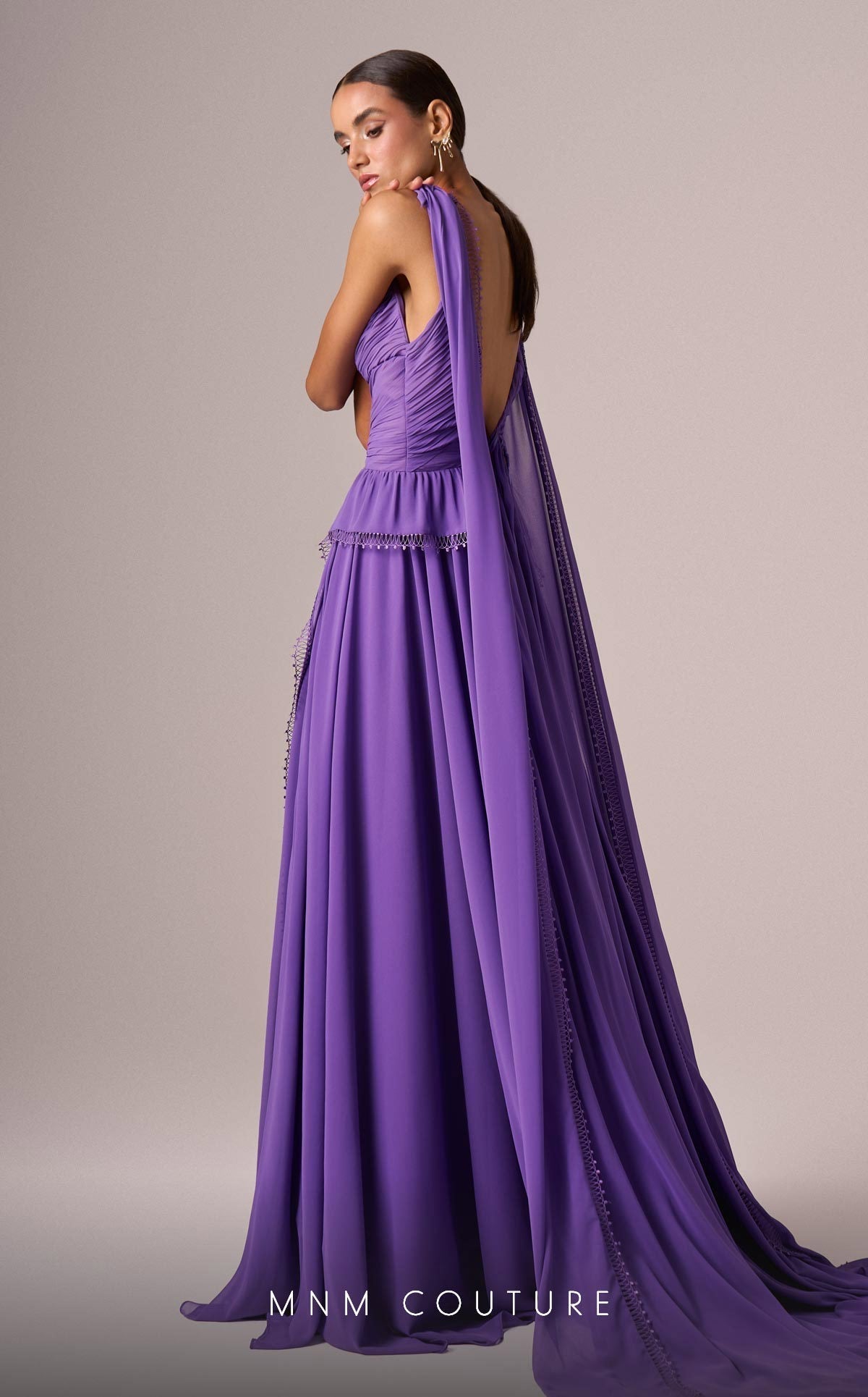MNM Couture E0086 Purple Gown with V-Neck and Shoulder Trains
