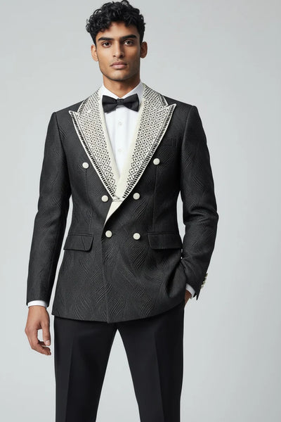 Menβs Romeo Black & White Jacquard Tuxedo β Double Breasted Peak Lapel Formal Suit