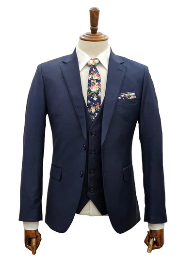 Mens Giovanni Testi Navy 3 Piece Suit – Modern Fit 2 Button Notch Lapel, Side Vents, Flex Waist Trousers