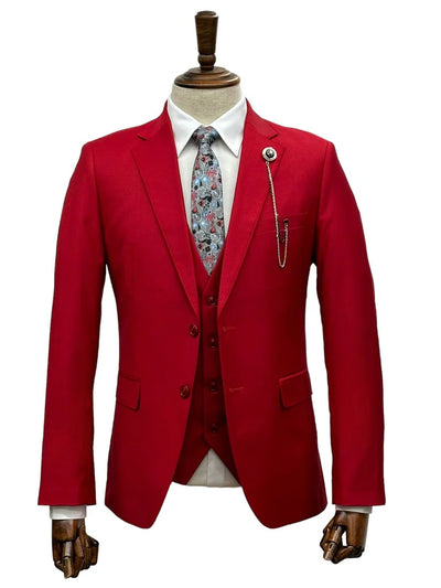 Mens Giovanni Testi Red 3 Piece Suit Set β Notch Lapel Jacket, Matching Vest, Side Vents & Comfort Waist Pants