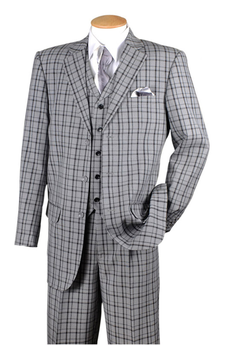 Mens 3 Button Vested 1920's Gangster Plaid Suit in Black