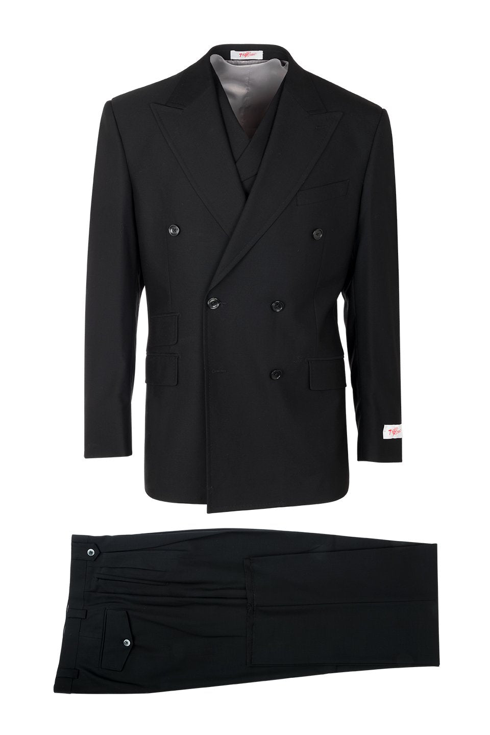 Tiglio Italian Suit - Real Wool Fabric Super 150's EST Black, Double Breast Wide Leg Suit & Vest in Color Black