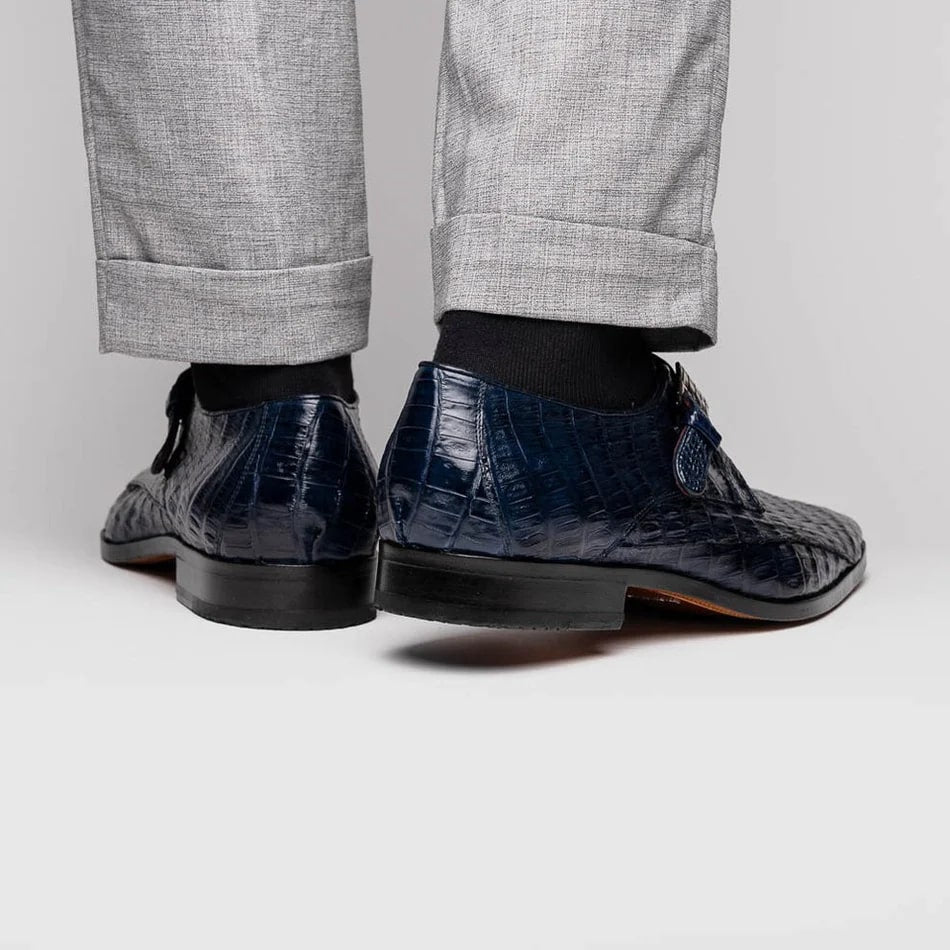 Rovigo Navy Crocodile Skin Single Monk Loafers