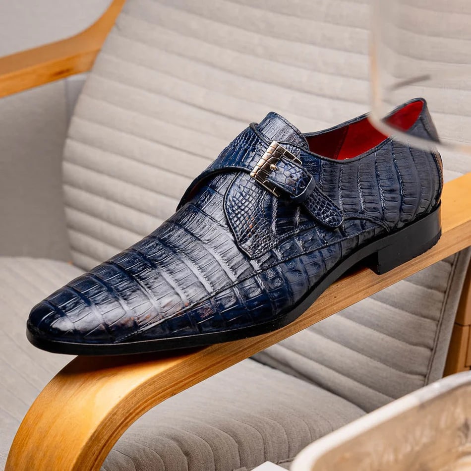 Rovigo Navy Crocodile Skin Single Monk Loafers
