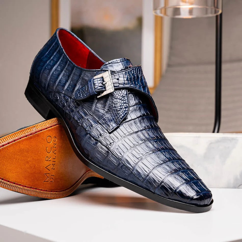 Rovigo Navy Crocodile Skin Single Monk Loafers