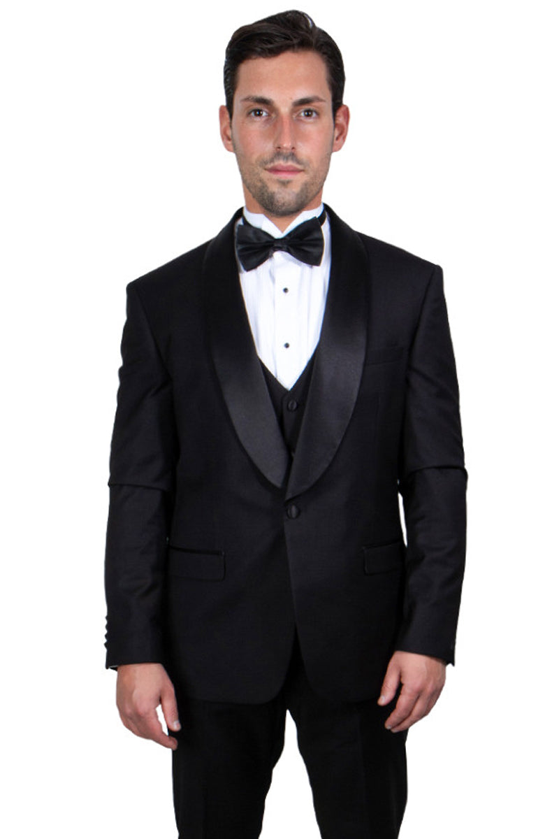 Black Slim Fit Tuxedo with Large Shawl Lapel – 3 Piece Wedding & Prom Set