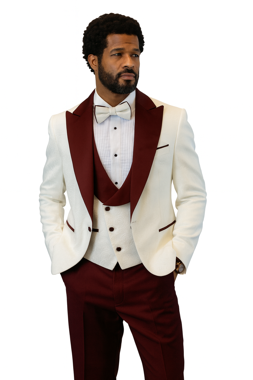 White & Burgundy Paisley Peak Lapel Tuxedo Set