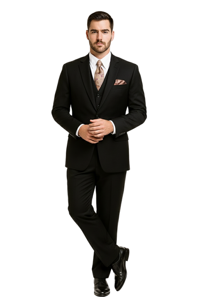Men's 2 Button Black Regular Basic Cut Flat Front Pants Three Piece Suit