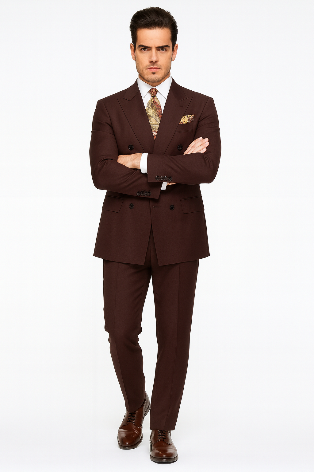 Double Breasted Vested Wool Suit in Brown