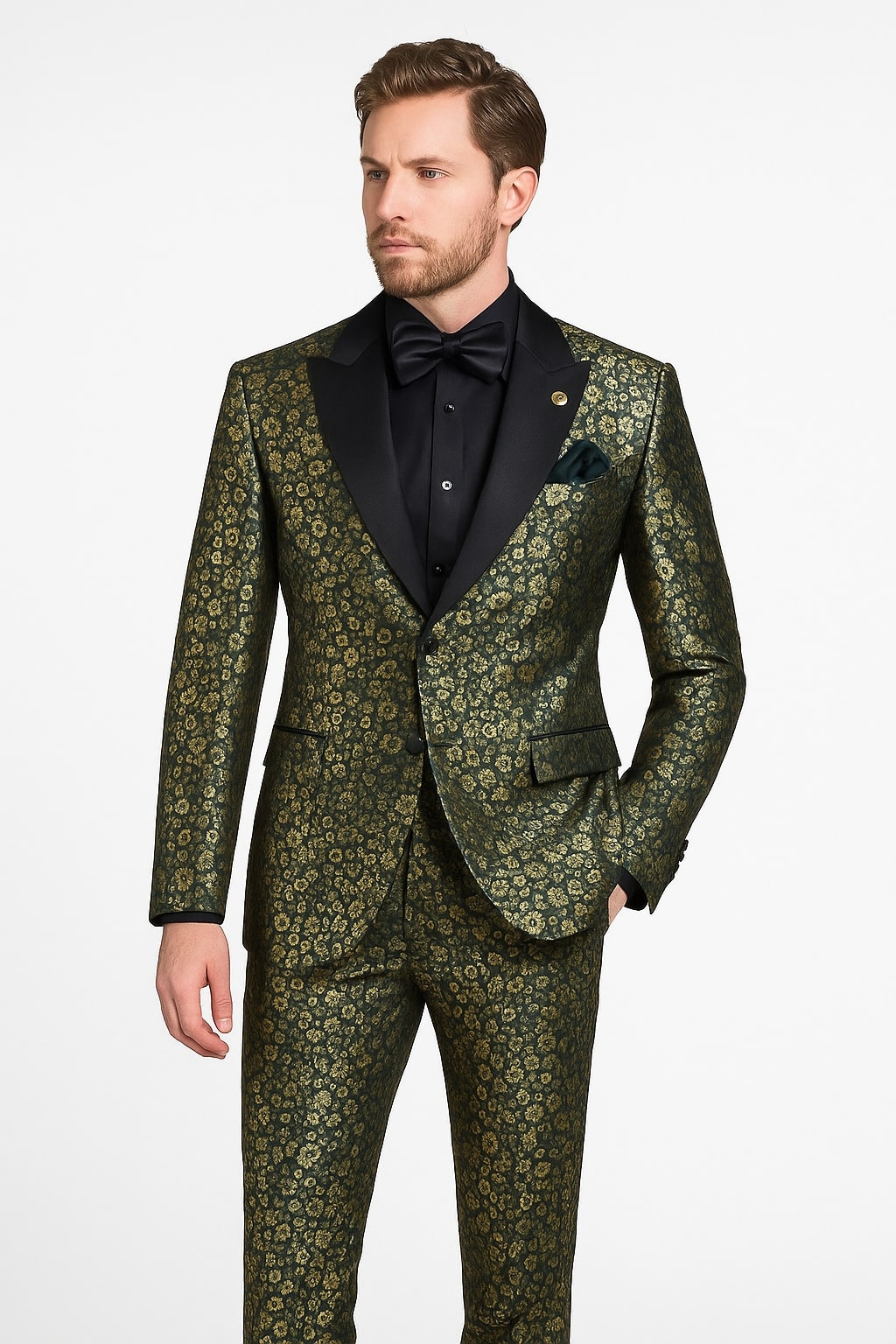 Emerald Green Gold Floral Tuxedo for Men