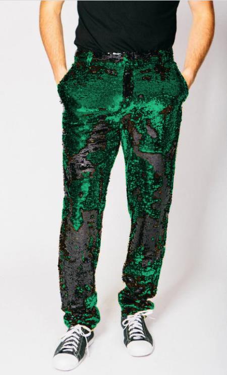 Mens Sequin Pants - Emerald Green Party Trousers