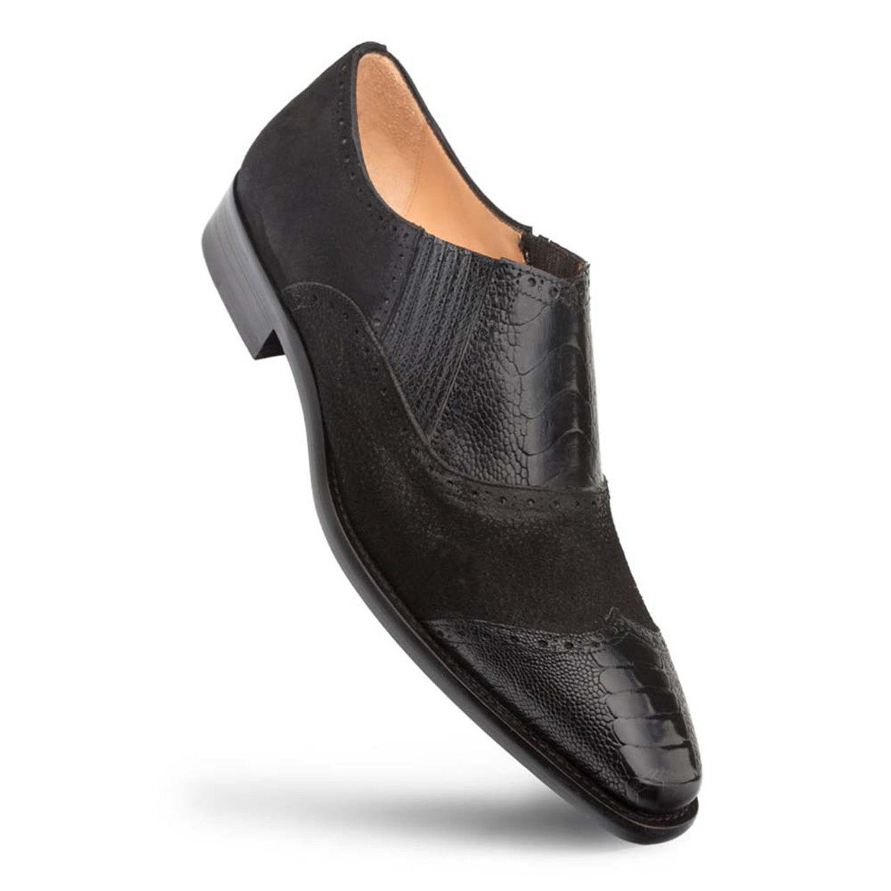 Mezlan Black Ostrich & Suede Gored Slip Ons