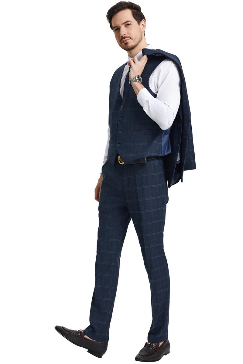 Modern Fit Windowpane Plaid Navy Suit by Stacy Adams