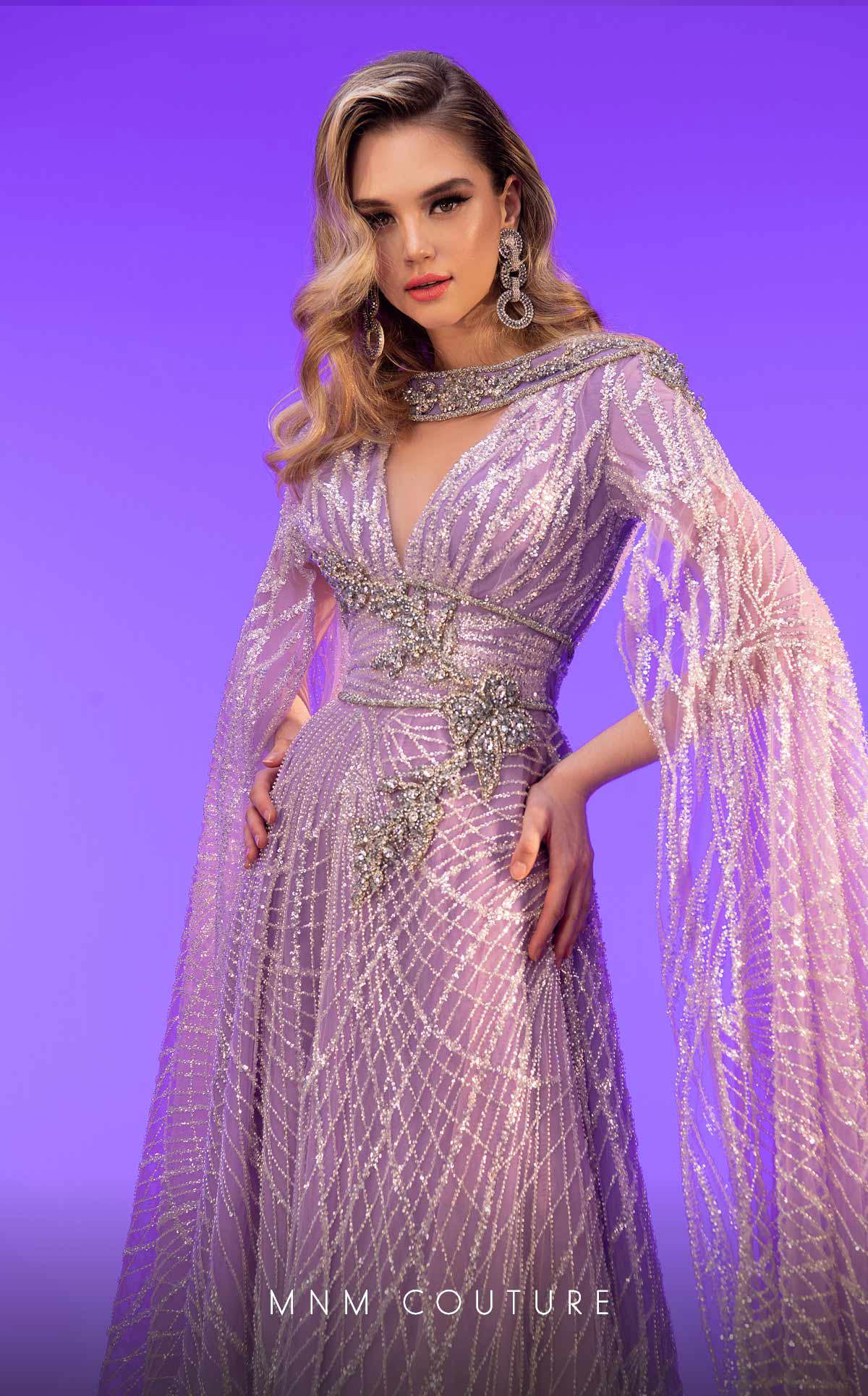 Fouad Sarkis Embellished Cape Sleeve Gown