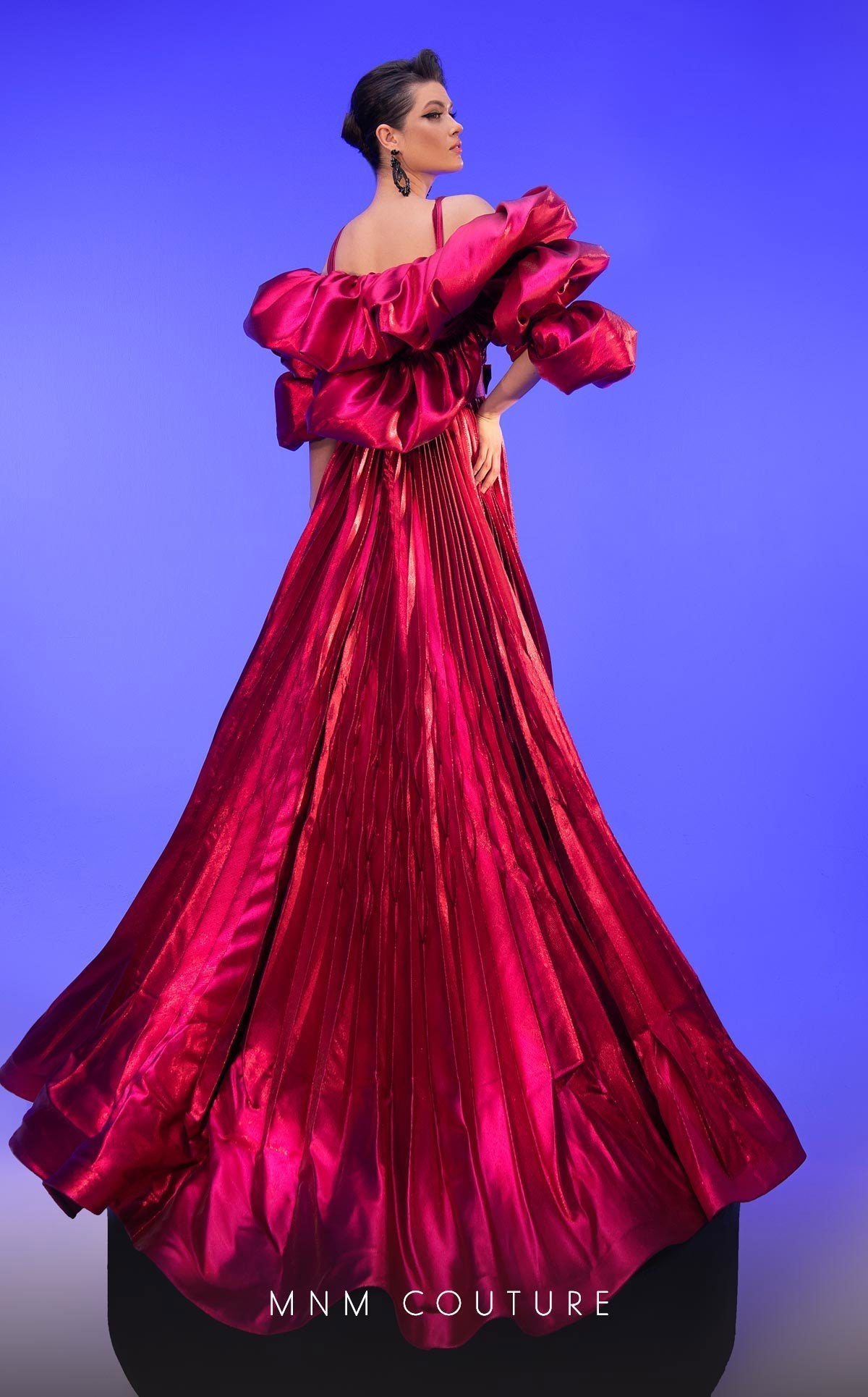 Fouad Sarkis F02808 Pleated Puff-Sleeve Gown