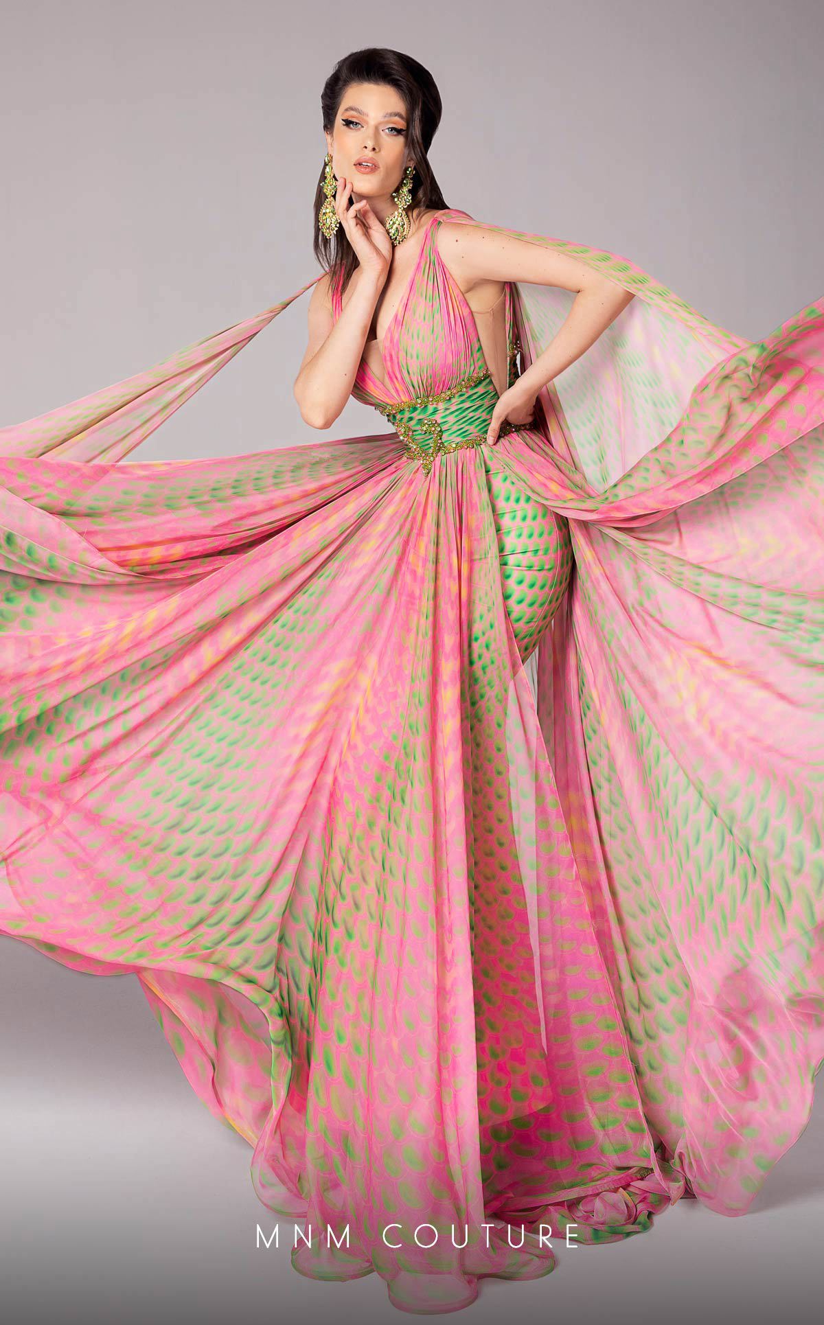Fouad Sarkis F02828 Plunging Neck Cape Gown