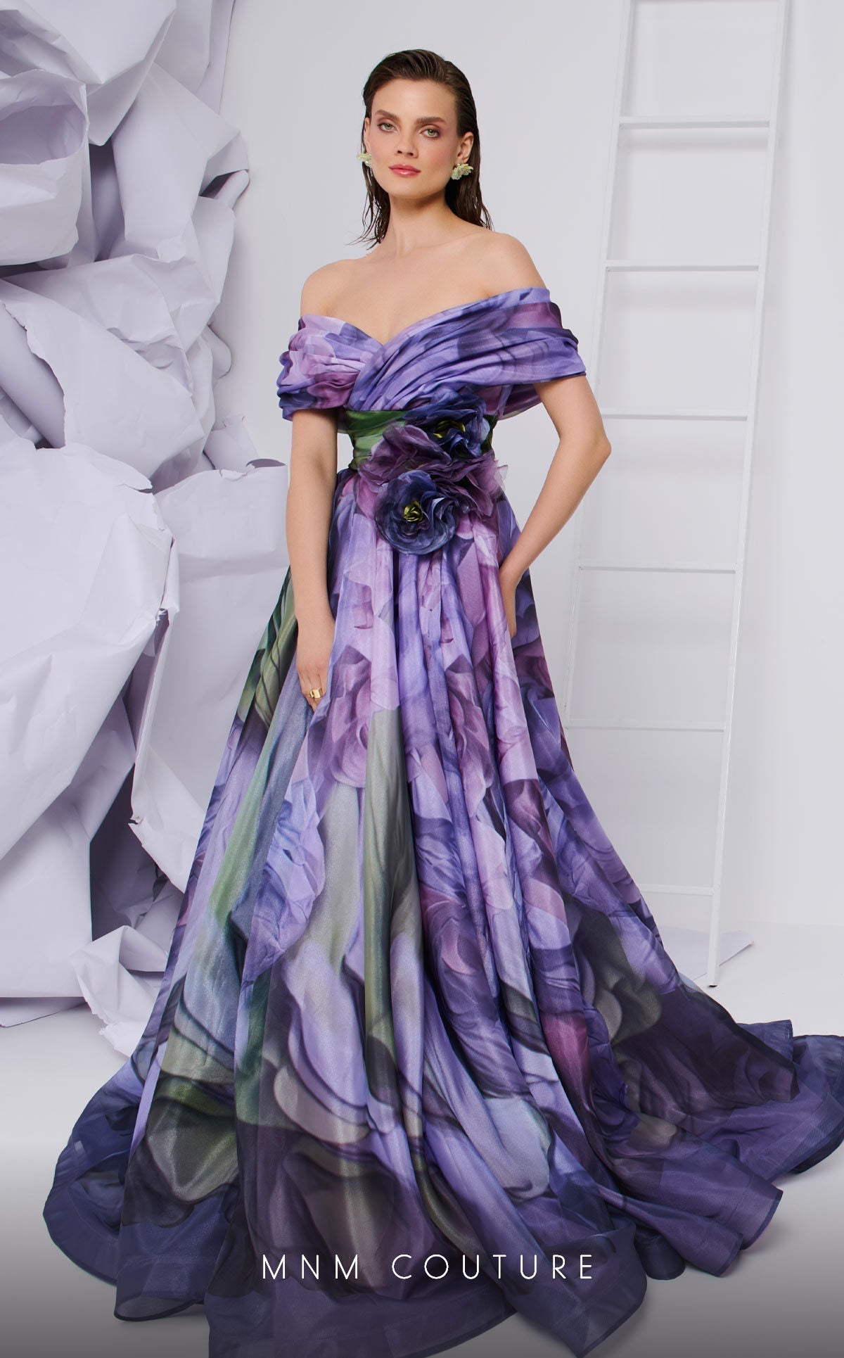 Fouad Sarkis F02855 Lilac Off-Shoulder Floral Ball Gown