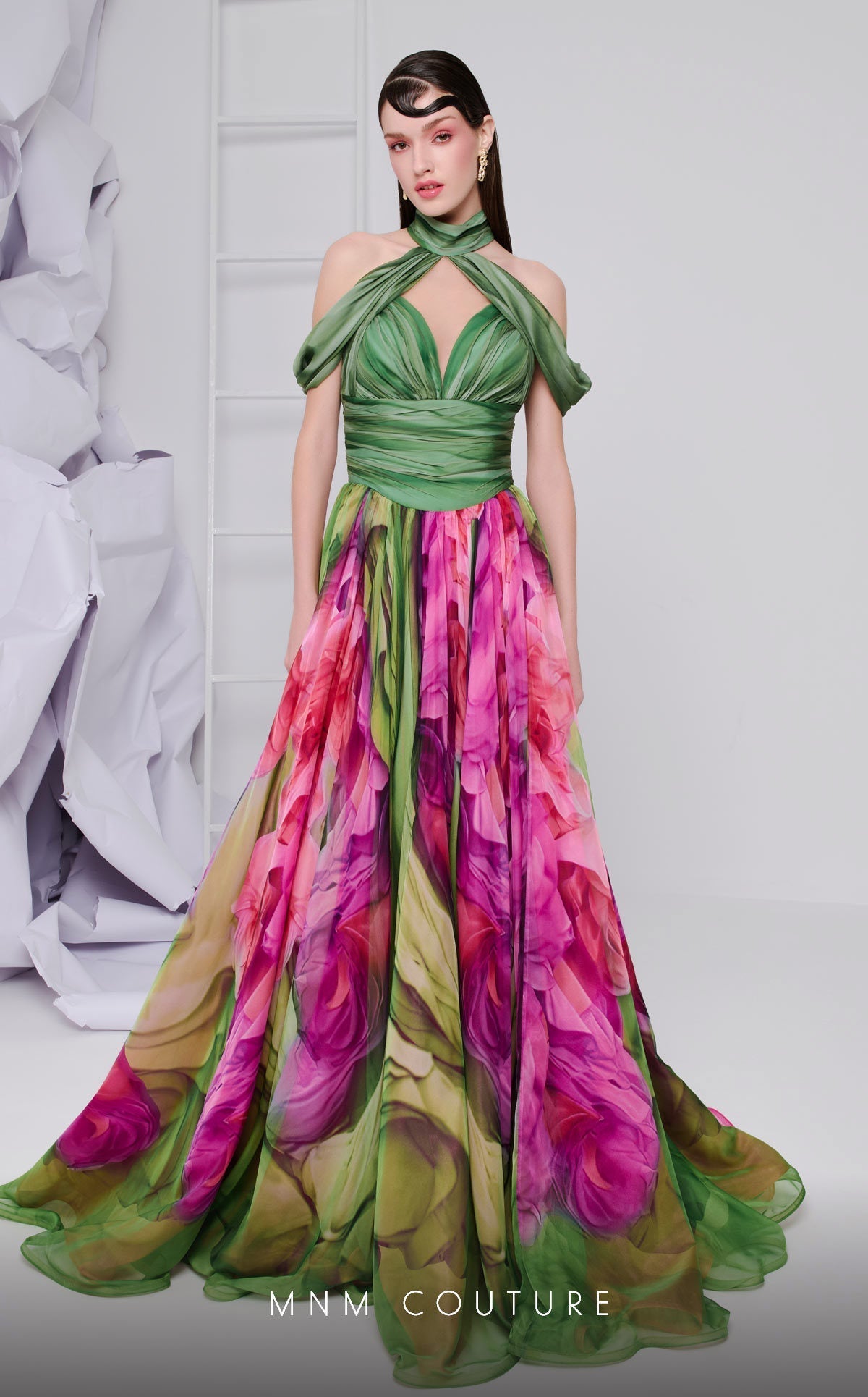 Fouad Sarkis Floral Halter Ball Gown
