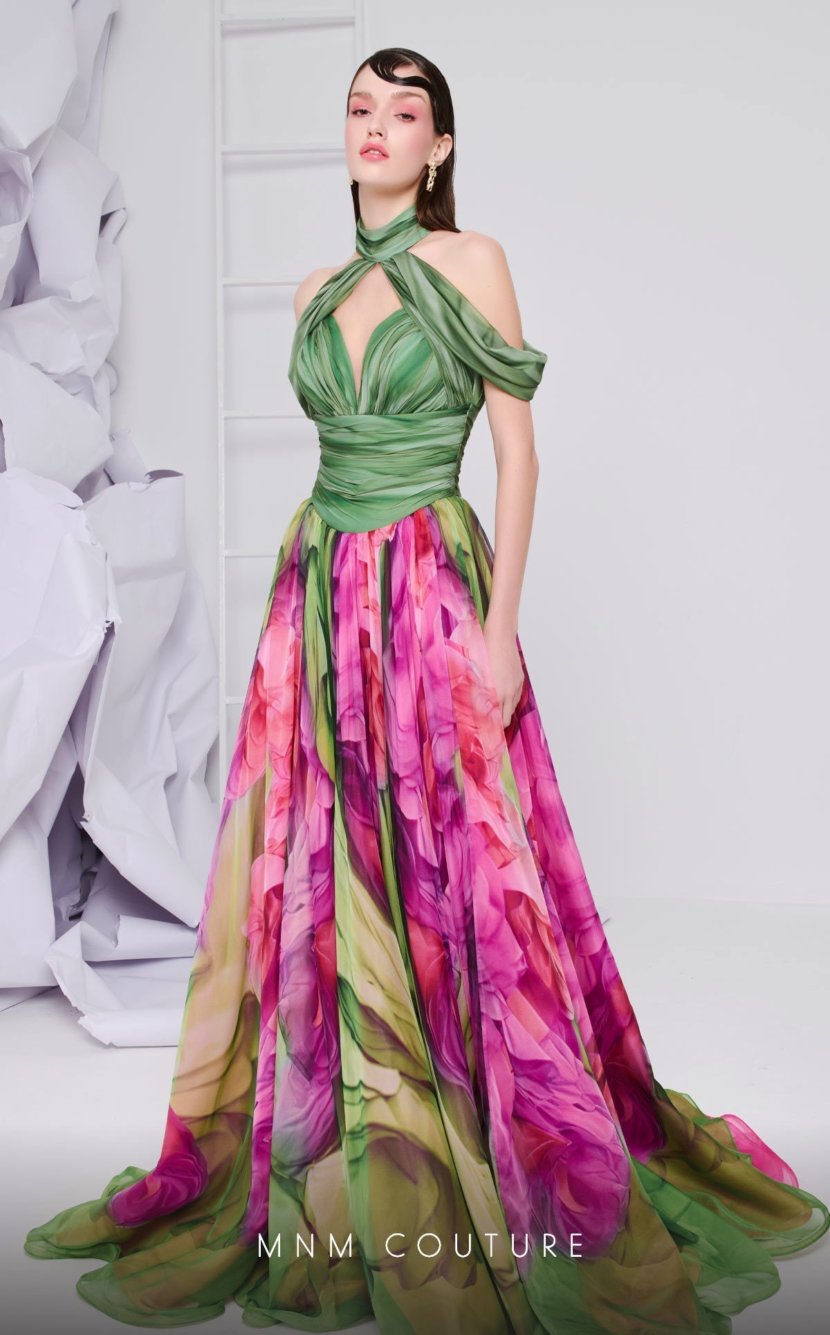 Fouad Sarkis Floral Halter Ball Gown