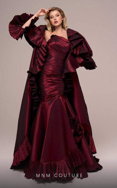 Fouad Sarkis F02893 Burgundy One-Shoulder Ruffled Evening Gown