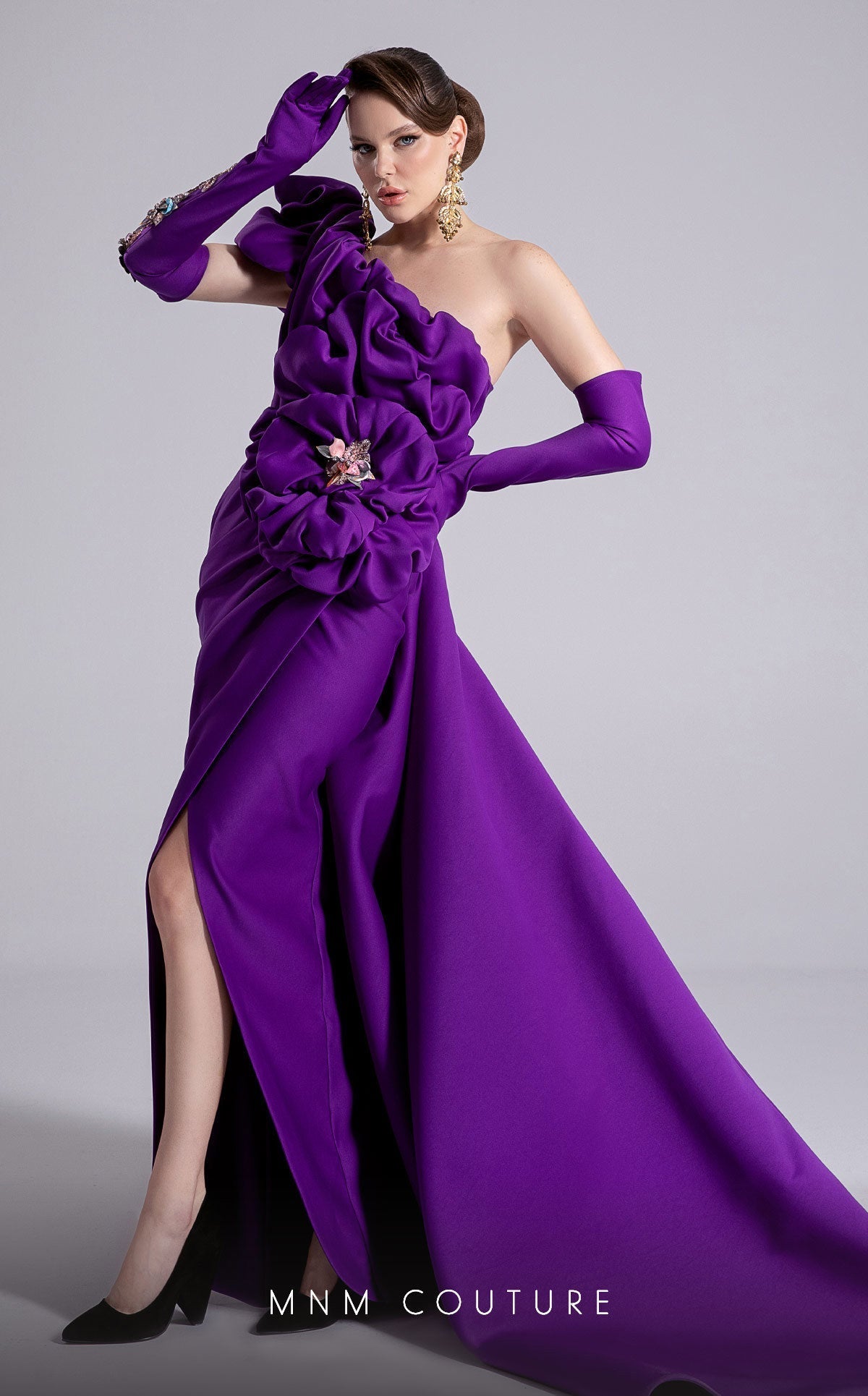 Fouad Sarkis F02904 One-Shoulder Column Gown with Train