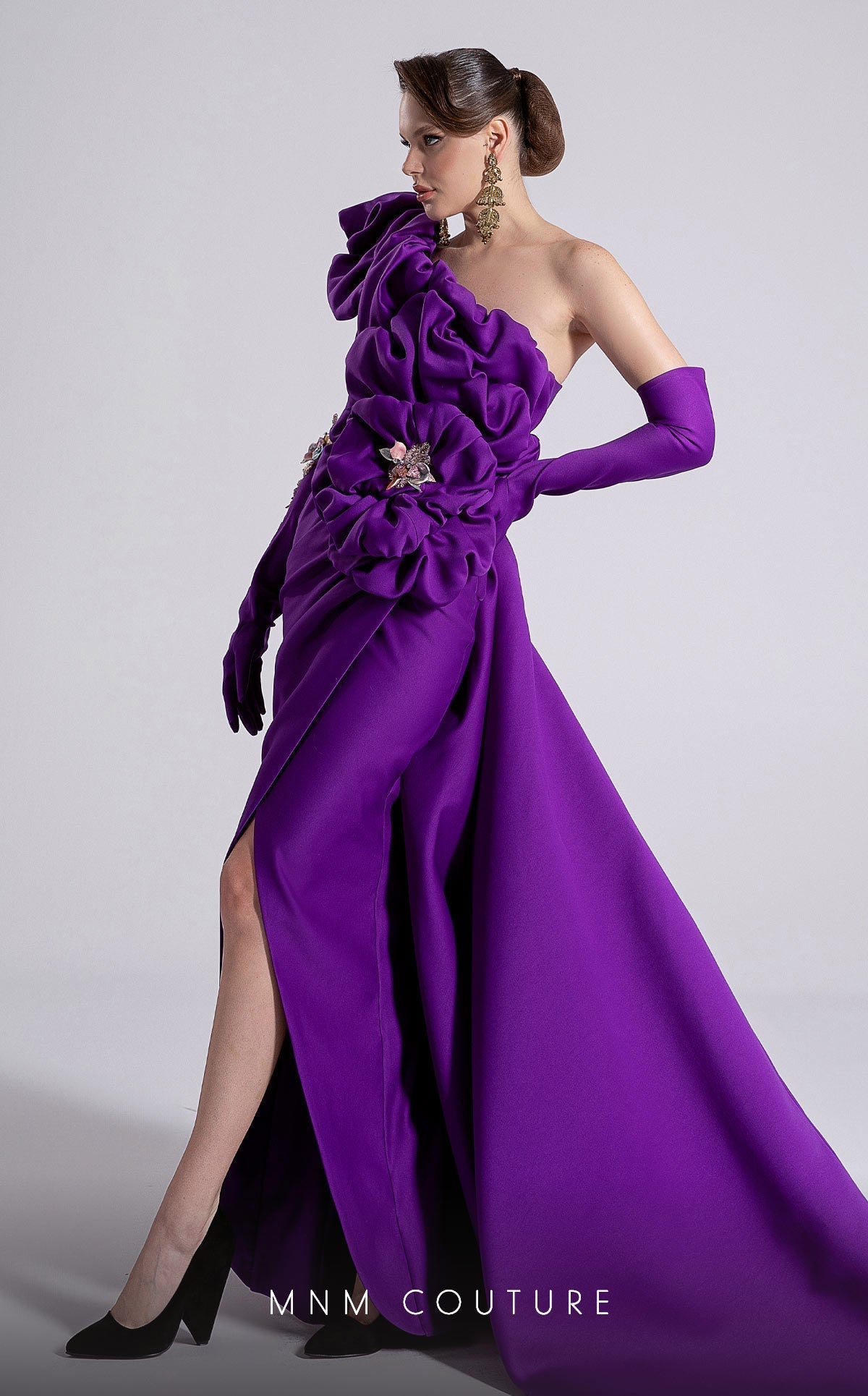 Fouad Sarkis F02904 One-Shoulder Column Gown with Train