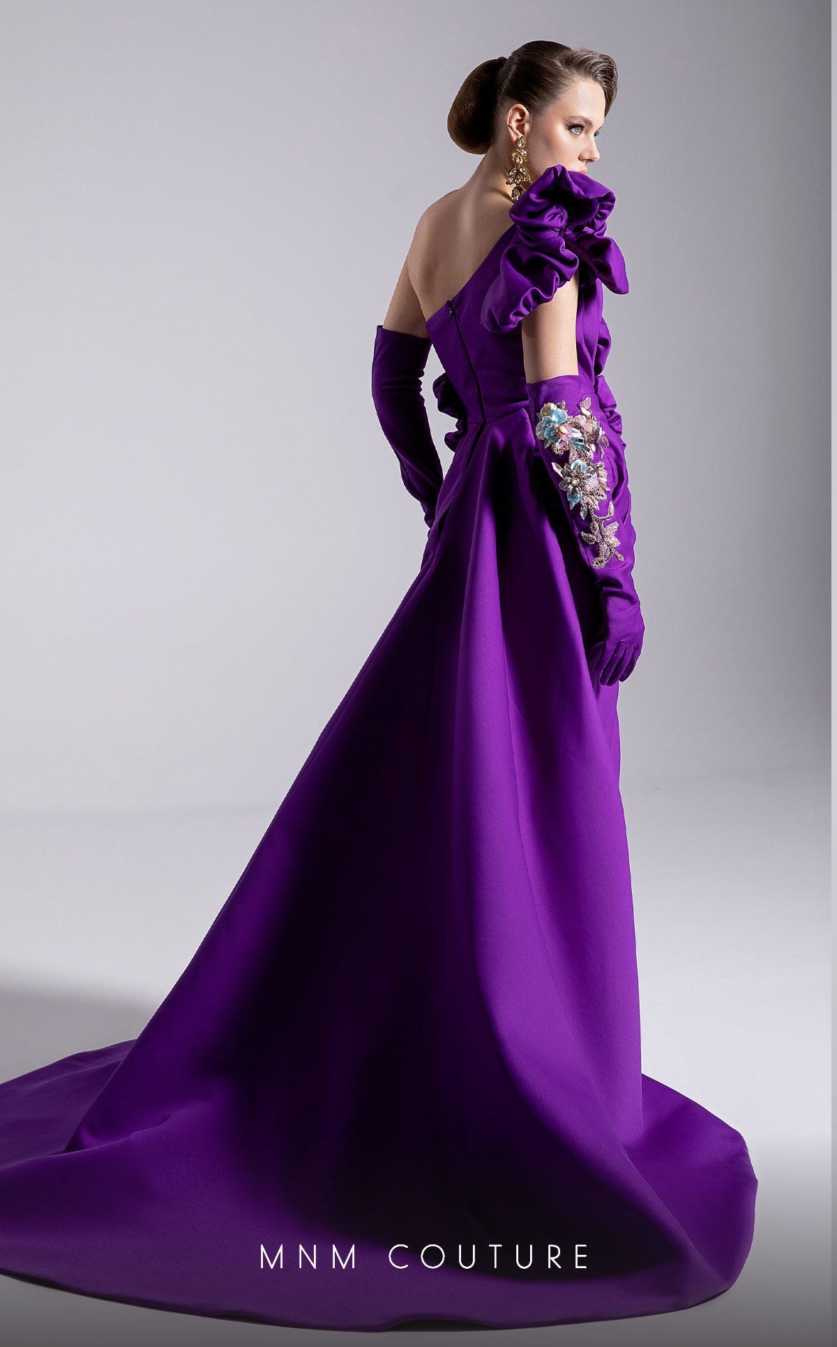 Fouad Sarkis F02904 One-Shoulder Column Gown with Train
