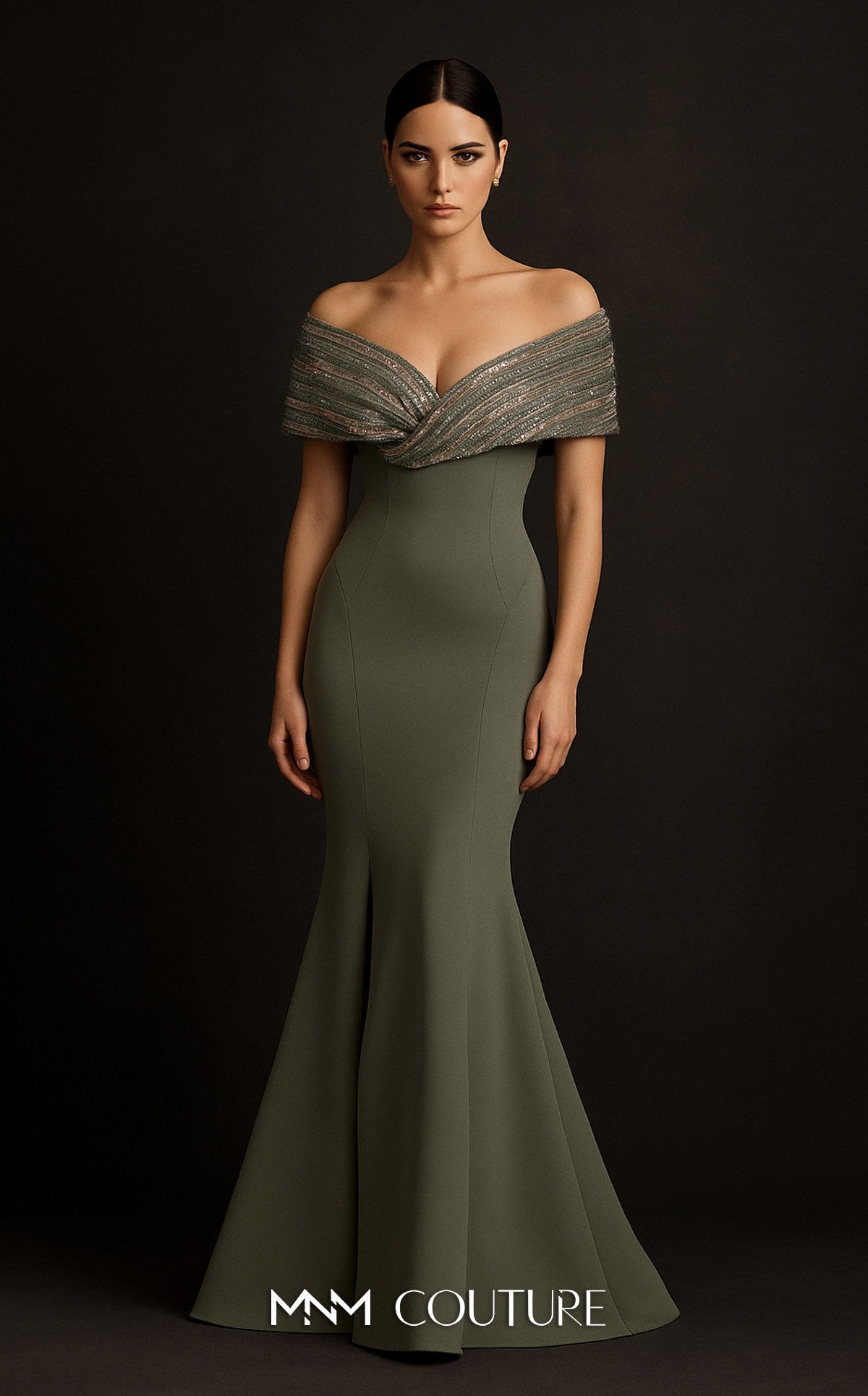 Sequin Embellished Off-Shoulder Gown in Mint by MNM Couture