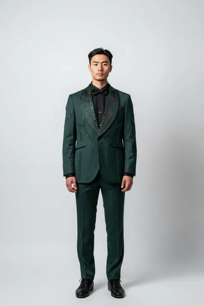 Menβs Chic Hunter Green Embellished Tuxedo β Luxury 3 Piece Formal Suit for Weddings, Prom & Special Events