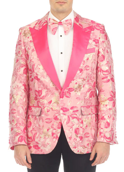 Menβs Drake Fuchsia Floral Tuxedo Blazer β Slim Fit Peak Lapel 1 Button Prom Dinner Jacket for Weddings & Formal Events